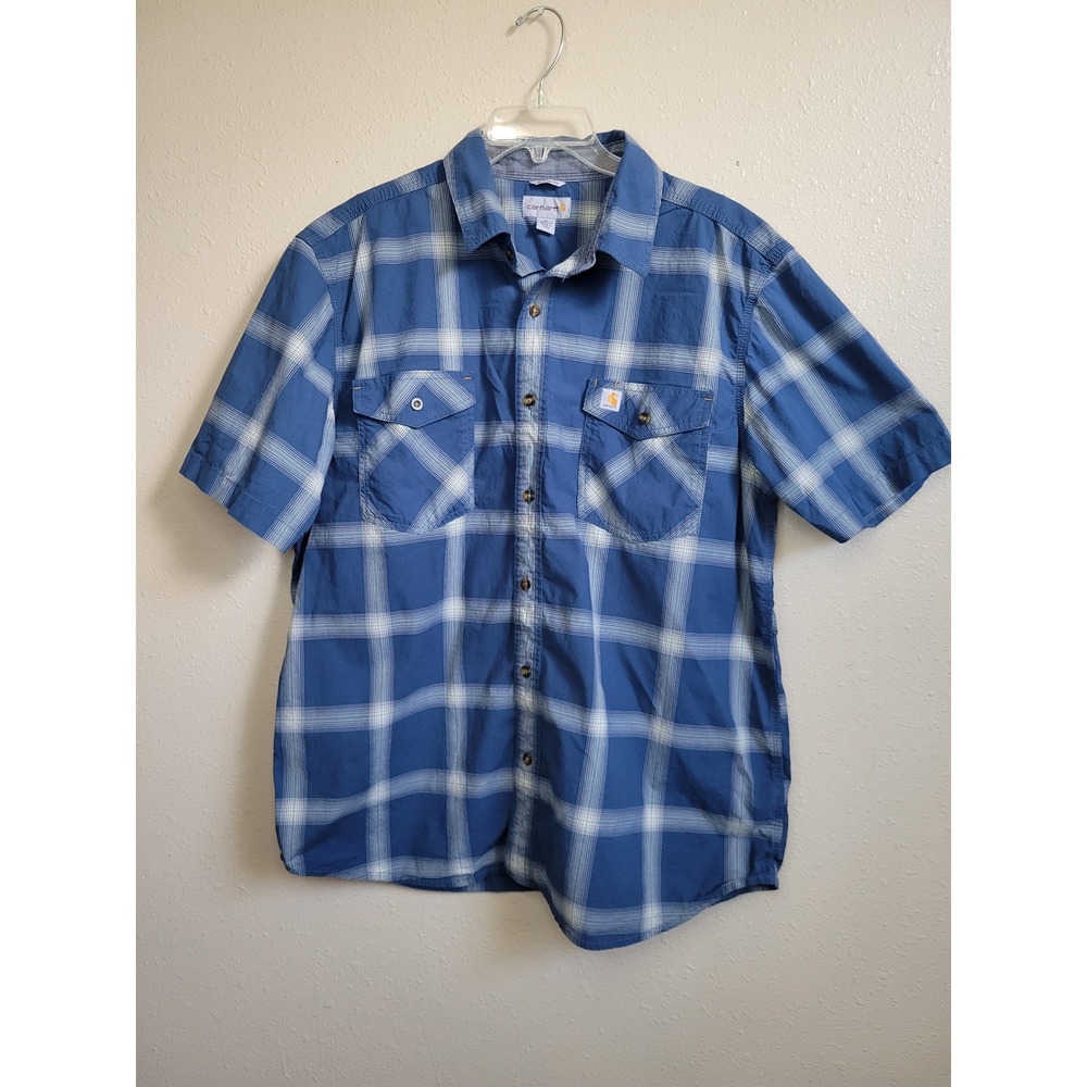 Carhartt Mens XL Relaxed Fit Short Sleeve Plaid Button Down Work Shirt Blue